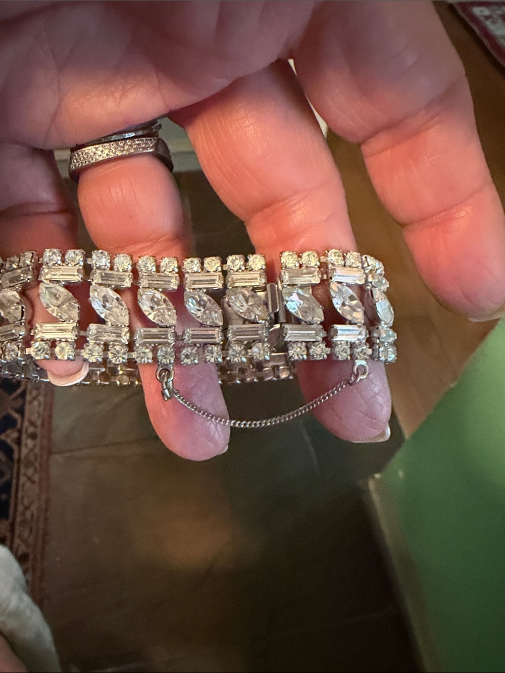 Vintage Rhinestone Statement Bracelet Marquise Baguette Safety Chain